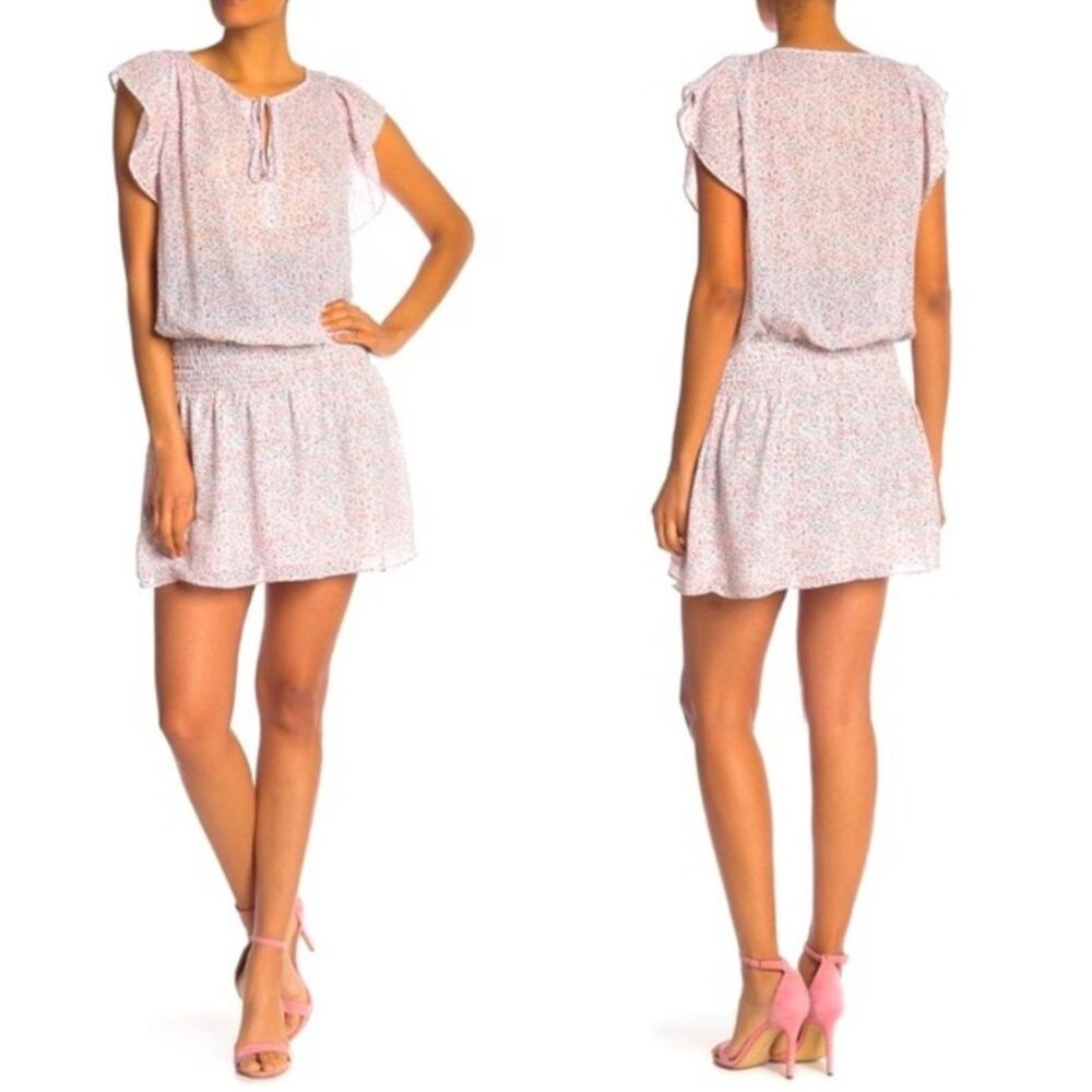 Parker New York Pink Dottie Print Silky Smocked Mini Dress Flutter Sleeve NWT - Picture 1 of 9